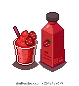 Strawberry smoothies juice in glass with strawberry fruit on top and with red straw and in bottle that so sweet and refreshing to drink vector pixel art for game, icon, element, sticker, advertising