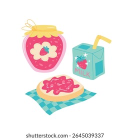 Strawberry snack: toast with berry jam and milk. Sweet food with strawberry flavor. Flat style vector illustration