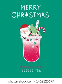 Strawberry soda Bubble Tea, Christmas style, Santa claus cute illustration