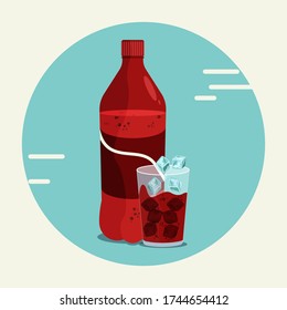 Strawberry soda PET bottle and on the glass with ice cubes vector illustration