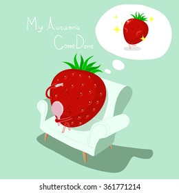 Strawberry, sofa. Vector cartoon. skin care,   Comic characters.