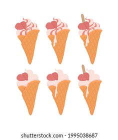 Strawberry soft ice cream in a waffle cone. Strawberry topping. For holiday, celebration, weekend menu, summer menu.