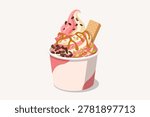 Strawberry soft serve ice cream cup topped with caramel drizzle, nuts, chocolate chunks, and wafer biscuit illustration