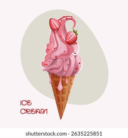 Strawberry soft serve ice cream in waffle cone with pink syrup and berries. Vector illustration for menu, dessert ads, packaging, and summer designs.