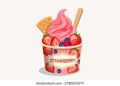 Strawberry Soft Serve Ice Cream with Fresh Berries and Waffle Topping in Paper Cup