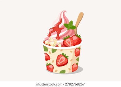 Strawberry soft serve ice cream cup topped with fresh strawberry slices, red syrup, white chocolate curls, and mint leaf vector