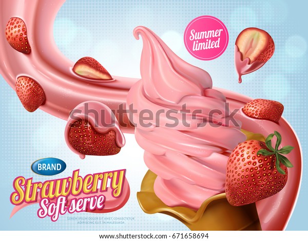 Strawberry soft serve ice cream ads,\
realistic soft serve with floating sauce and delicious fruits for\
summer in 3d\
illustration