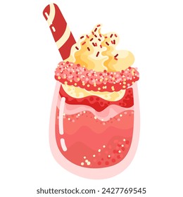 Strawberry spice latte. Traditional hot drink. Coffee with cream, cookies and a straw. Good for posters, greeting cards, banners, textiles, gifts, shirts, mugs or other gifts. Vector illustration