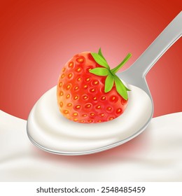 Strawberry with splash and flow of milk or yogurt in spoon, waves and streams on blue background. Vector for packaging design, drinks and food.