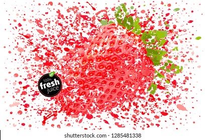 Strawberry with a splash of fresh juice. Explosion delicious berry and splashes of ripe juicy fruit. White background vector illustration