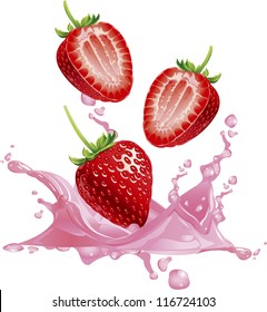 Strawberry splashing into a glass full of milkshake. Close-up view On white background.