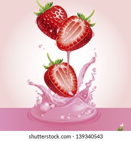 Strawberry splashing into a glass full of milkshake