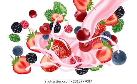 Strawberry splashing isolated with strawberries slice of pieces element in the middle on white background. Realistic vector in 3D illustration.