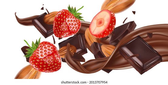 Strawberry splashing with strawberries slice of pieces and Chocolate element in the middle on white background. Realistic vector in 3D illustration.