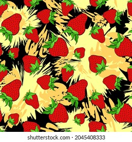 Strawberry and spots seamless pattern on black background. Red berry repeating endless texture. Vivid boundless background. Grunge surface pattern design. Bright stains editable tile.
