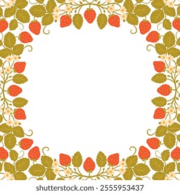 Strawberry square border frame, cartoon colored vector illustration. Red berries design template with berry branches for invitation, card