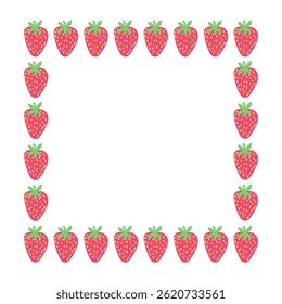 Strawberry square frame in flat cartoon style. Red fruit border with green tops for kids illustrations, food packaging, summer designs and cute decorative layouts.