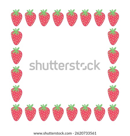 Strawberry square frame in flat cartoon style. Red fruit border with green tops for kids illustrations, food packaging, summer designs and cute decorative layouts.