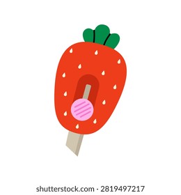 Strawberry stationery knife in flat vector style. Cute paper cutting accessory on white background. Perfect for office, school, stationery, craft design.