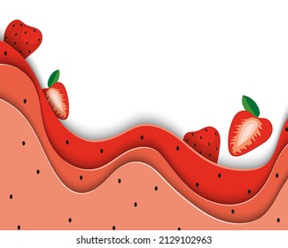 Strawberry sticker. Origami berry juice background. Paper banner design. Vector illustration. Eps10