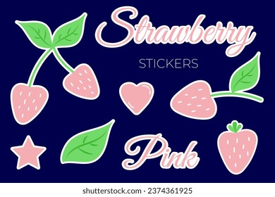 Strawberry stickers. Vector illustration of pink berries and twigs with green leaves. Set of cute funny stickers for teenagers. Trendy print design.