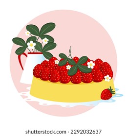Strawberry still life style vector illustration. Strawberry cake or pie on a plate and a jug with blossoms and leaves.