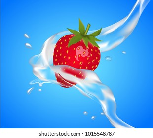 Strawberry with a stream of clear water. Strawberry and water splash