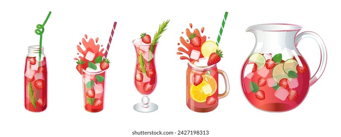 Strawberry summer cocktails set. Strawberry juice, mojito, punch, cold tea with decorations.