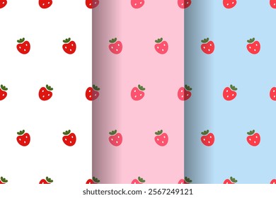 Strawberry Summer Coquette Patterns set. Vertical Seamless Pattern with Berries. Kawaii Baby Banner. Repeat Background. Textile Design, Cover, Phone cases, Prints, Wrapping, Wallpaper, Backgrounds