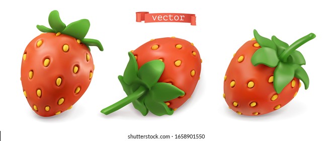 Strawberry summer fruit. Plasticine art illustration 3d vector icon set