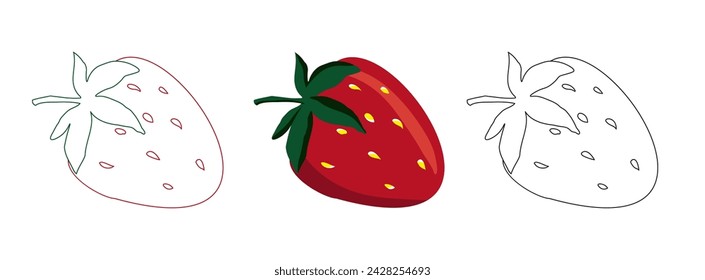 Strawberry summer hand drawn fruit set, colorful, line art. Vector illustration icon for logo, card, coloring book, invitations, sweet food clip art, isolate on white background.