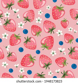 Strawberry Summer Seamless Pattern. Cartoon Girly Background For Textile, Fabric, Birthday Wrapping Paper. Vector Illustration