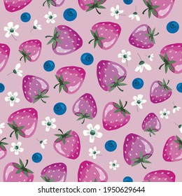 Erdbeeren Sommer nahtlose Muster. Festlicher Hintergrund für Textilien, Stoff, Geburtstagsverpackung. Vektorgrafik