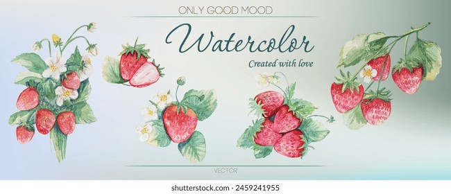 Strawberry, summer, watercolor illustration, strawberries, flowers, bright leaves, light background, summer berries set.