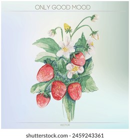 Strawberry, summer, watercolor illustration, strawberries, flowers, bright leaves, light background