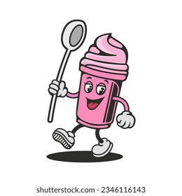 Strawberry sundae retro mascot walking happy with spoon in isolated white background, cute retro drink mascot design