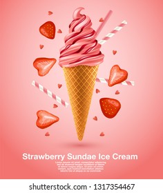 Strawberry Sundae Soft Serve : Vector Illustration