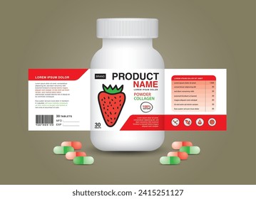 Strawberry supplement bottle Packaging, Cosmetic package. product design. Beauty label, 3d supplement bottle vector, 3d white plastic Pills box, White medical container. healthcare bottle, vector