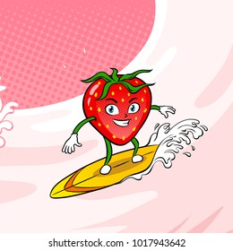 Strawberry surfboard on milk cream wave pop art retro vector illustration. Cartoon food character. Color background. Comic book style imitation.