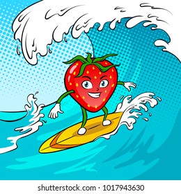 Strawberry surfboard on the wave pop art retro vector illustration. Cartoon food character. Color background. Comic book style imitation.