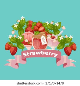 Strawberry sweet desserts with jam, cake, fresh berries and juice with pink ribbon cartoon vector illustration. Poster with summer sweet dessert strawberry.