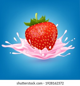 Strawberry sweet pink milk with berries and splashes realistic, Fruit and yogurt. vector 3d illustration.