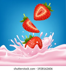 Strawberry sweet pink milk with berries and splashes realistic, Fruit and yogurt. vector 3d illustration.