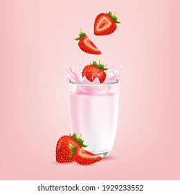 Strawberry sweet pink milk with berries and splashes realistic, Fruit and yogurt. vector 3d illustration.