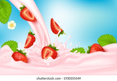 Strawberry sweet pink milk with berries and splashes realistic, Fruit and yogurt. vector 3d illustration.