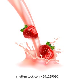 Strawberry sweet pink milk with berries and splashes realistic vector illustration 