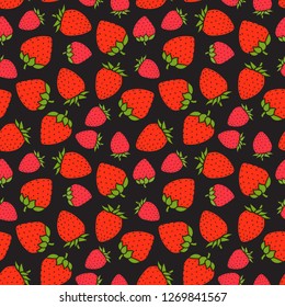Strawberry sweet red berry Seamless pattern. Design surface texture. Hand drawn Vector illustration isolated on black background