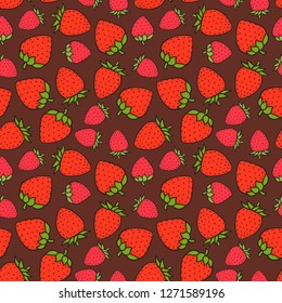 Strawberry sweet red berry Seamless pattern. Design surface texture. Hand drawn Vector illustration on chocolate background