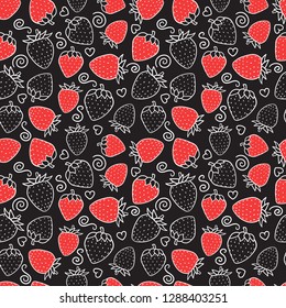 Strawberry sweet Seamless pattern. Design surface texture. Hand drawn line contour Vector illustration isolated on black background