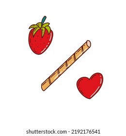 Strawberry and sweet tube outline icons set. Sign for web, graphic tee, sweatshirt. Doodle linear style.  Simple shapes. Concept for summer party decoration. Tasty cold food symbol. 
